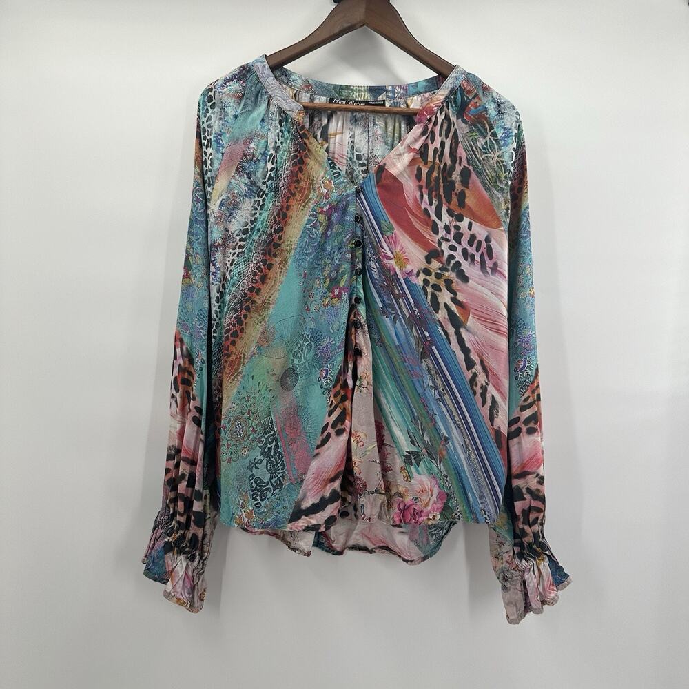 Tolani Tunic‎ Blouse Top Womens Large Multicolor Puff Sleeve Boho Watercolor